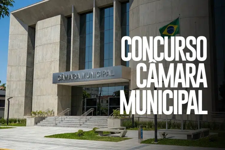 Concurso Câmara Municipal de Botucatu SP encerra inscrições neste domingo (1º de março) - Salários de até R$ 8,5 mil 1 Imagem ilustrativa do concurso público da Câmara Municipal de Botucatu SP, com a fachada de um edifício moderno e a bandeira brasileira.