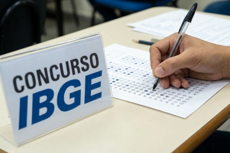 Provas do concurso IBGE são neste domingo, 01/03 – Veja horários, documentos e orientações! 1 Pessoa preenchendo gabarito de concurso do IBGE, com placa visível ao fundo.