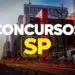 Arte com a frase “Concursos SP” sobre a paisagem urbana de São Paulo representando concurso público da Prefeitura de Conchas com salários de até R$ 15,7 mil.