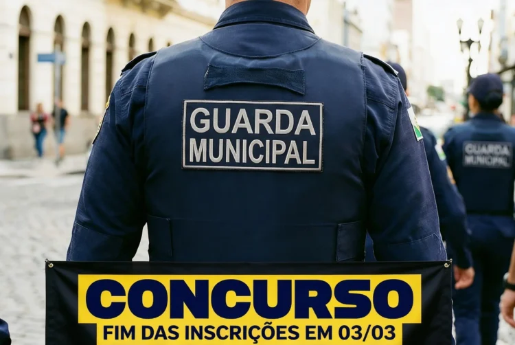 Últimas horas para se inscrever no concurso Guarda Municipal de SP com 500 vagas: prazo vai até amanhã (03/03) 1 Guarda Municipal de São Paulo em patrulhamento com aviso sobre o prazo final de inscrição do concurso público com 500 vagas.