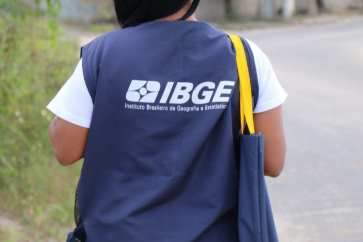 Recenseador do IBGE caminha em rua residencial com colete e bolsa oficiais