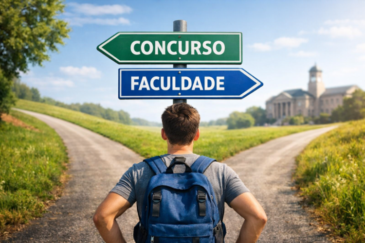 Concurso ou faculdade: qual caminho garante mais estabilidade? 1 Jovem de mochila encara placa com setas para concurso e faculdade em via bifurcada