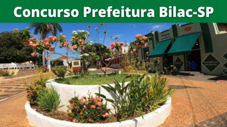 Concurso da Prefeitura de Bilac (SP) abriu inscrições nesta quarta-feira (11/03) - Salários de até R$ 8,3 mil 1 Jardim com flores e árvores ao centro de praça próxima a comércios em Bilac-SP, sob faixa do concurso