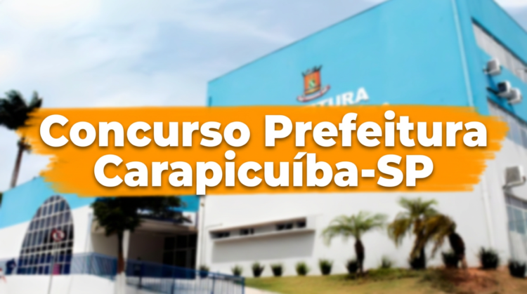 Prédio azul da Prefeitura de Carapicuíba com faixa laranja e texto sobre concurso público