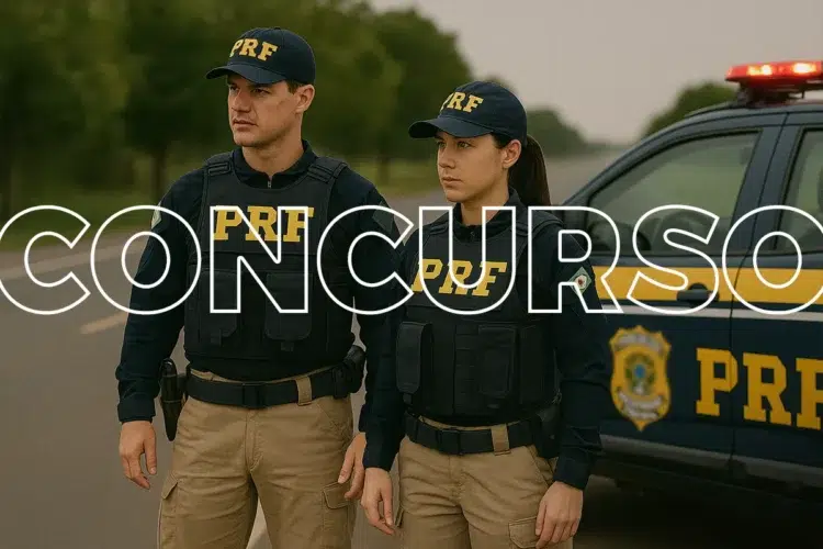 Novo concurso PRF está próximo? Descubra o que dizem as últimas notícias! 1 Dois agentes da Polícia Rodoviária Federal uniformizados posicionados ao lado de viatura oficial da PRF