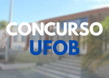 Prédio da UFOB ao fundo com escadaria e texto "Concurso UFOB" em destaque
