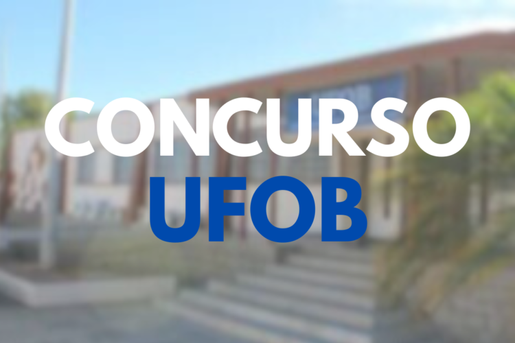 Prédio da UFOB ao fundo com escadaria e texto "Concurso UFOB" em destaque