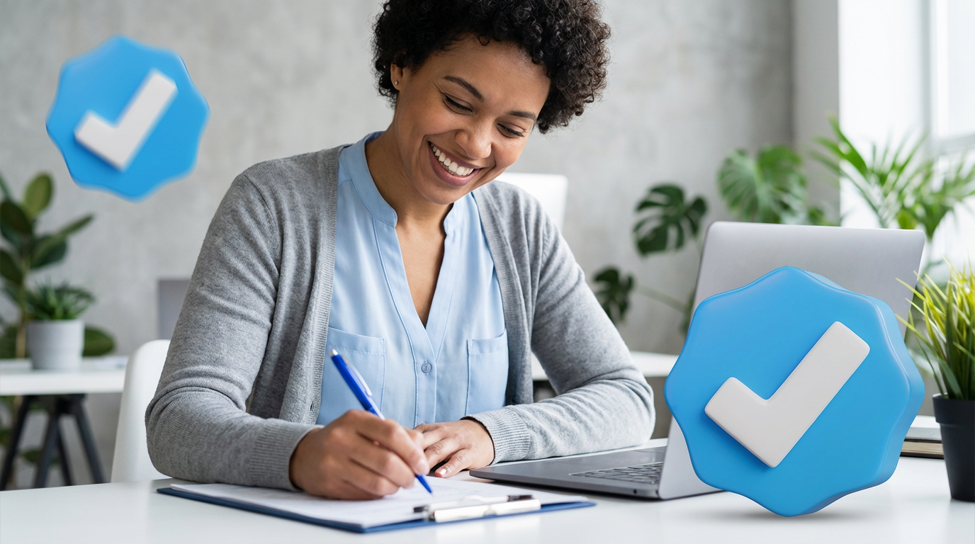 Concursos públicos: conheça 2 novos editais que oferecem salários que ultrapassam R$ 25,3 mil 2 Mulher sorrindo faz anotações em folha ao lado de notebook, com selo azul de verificação ao fundo