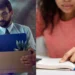 Estudante se dedicando à leitura para concurso enquanto profissional deixa emprego, representando a decisão de pedir demissão para estudar.