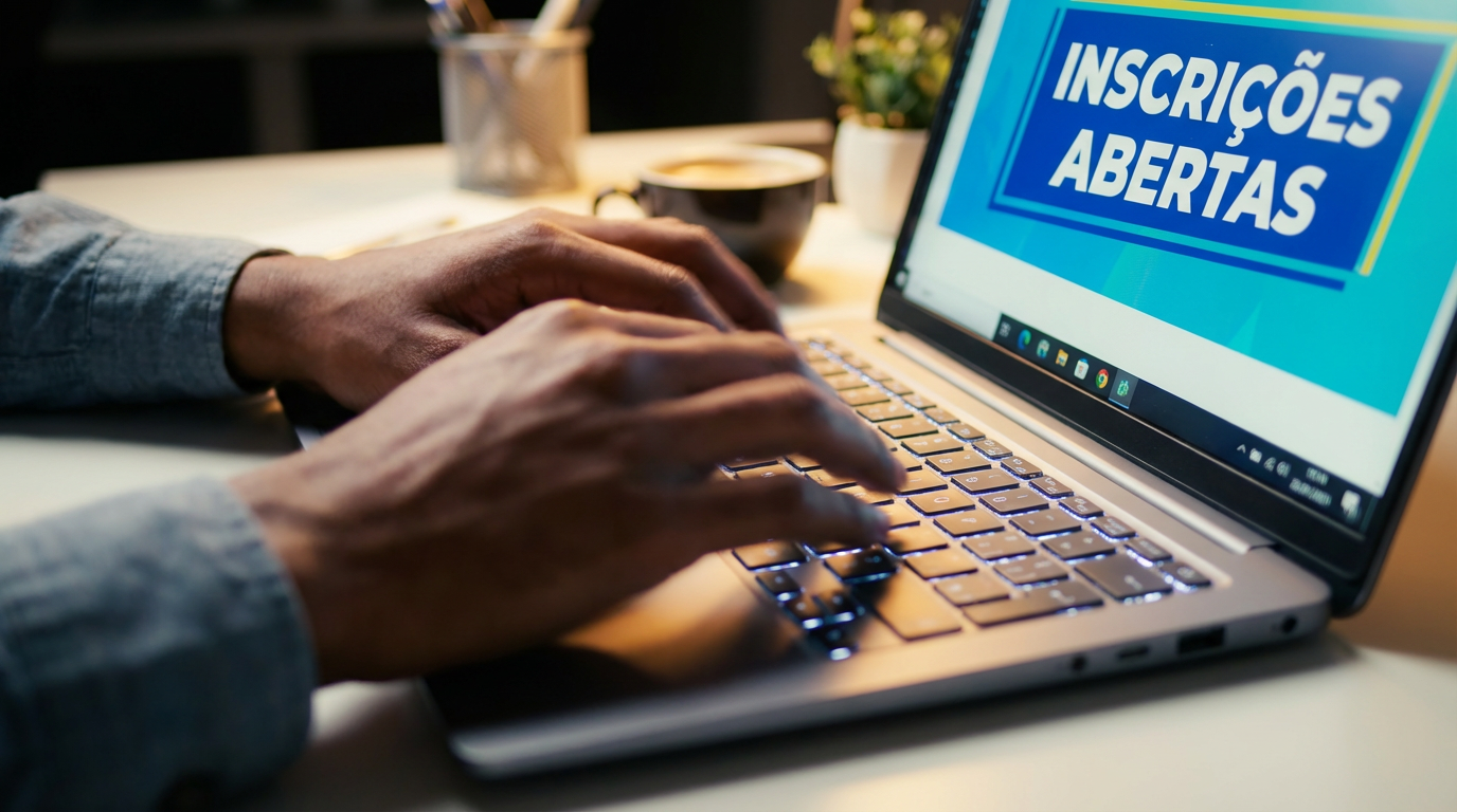 Quer trabalhar na USP? Três editais oferecem salários de até R$ 16,3 mil 2 Pessoa digitando em notebook com tela exibindo aviso de inscrições abertas