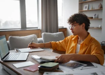 Pessoa estudando para concurso em casa, com laptop e material de apoio sobre a mesa, em ambiente tranquilo.