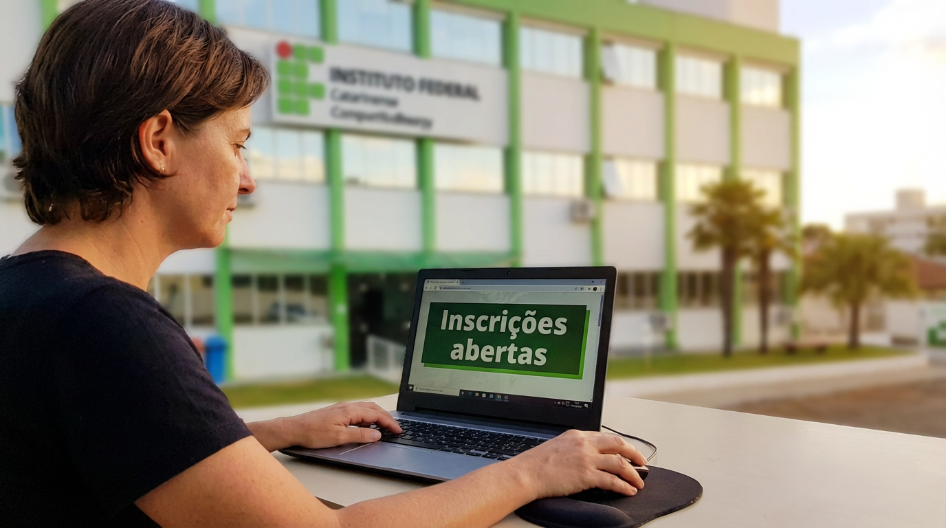 Concurso IFC publicado: salários vão até R$ 13,2 mil e pacote de benefícios chama atenção 2 Mulher utilizando notebook com aviso de inscrições abertas diante do Instituto Federal