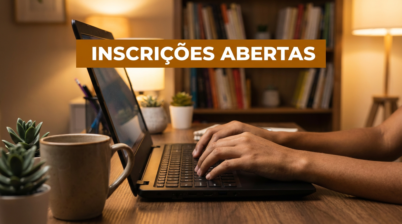 Concurso da Prefeitura de Bilac (SP) abriu inscrições nesta quarta-feira (11/03) - Salários de até R$ 8,3 mil 2 Mãos digitando em notebook sobre mesa de madeira com caneca e plantas próximas
