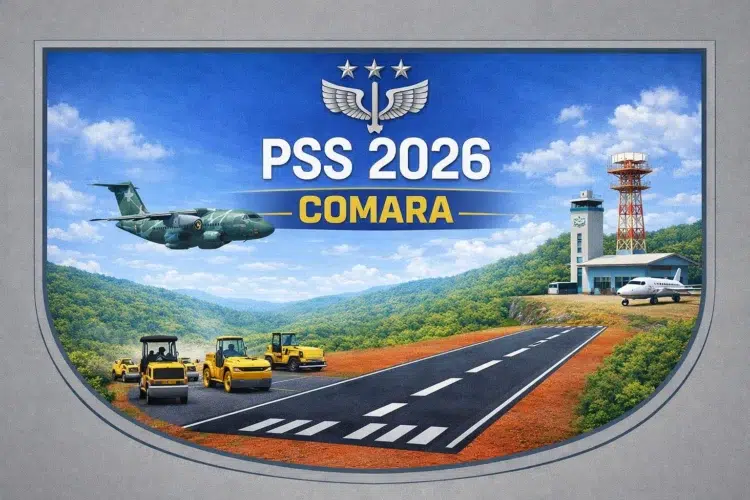 Avião militar decolando com tratores e torre de controle ao fundo em cenário de processo seletivo