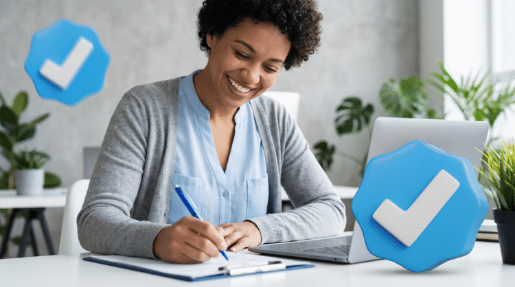 Mulher sorrindo escreve em caderno ao lado de notebook e selos de verificação azuis