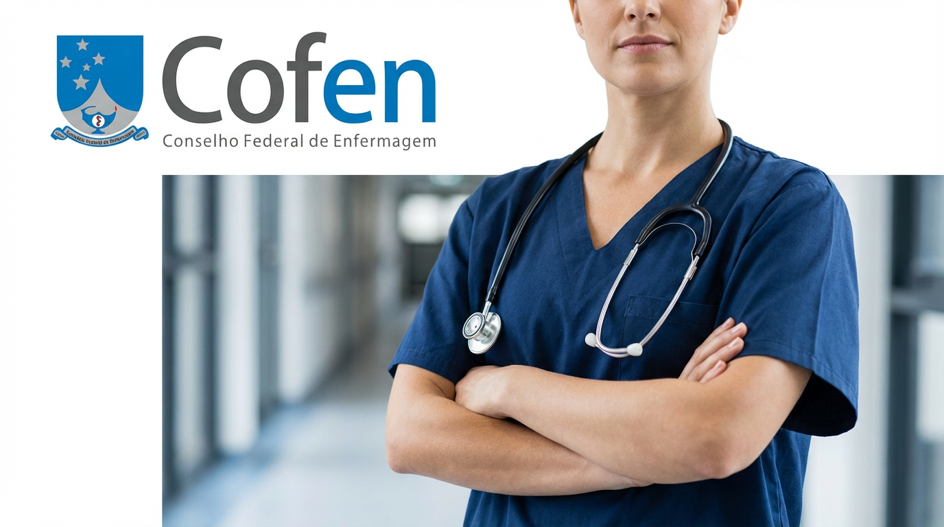 Salários de quase R$ 19 mil! Concurso do Cofen terá edital entre março e abril 3 Pessoa com jaleco azul e estetoscópio cruzando os braços diante do logotipo do Cofen