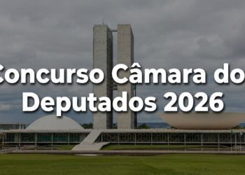 Congresso Nacional com torres gêmeas, cúpulas do Senado e Câmara e texto "Concurso Câmara dos Deputados 2026"