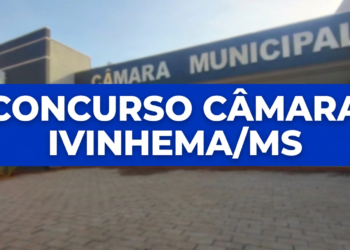 Fachada da Câmara Municipal de Ivinhema com texto "Concurso Câmara Ivinhema/MS" sobre faixa azul