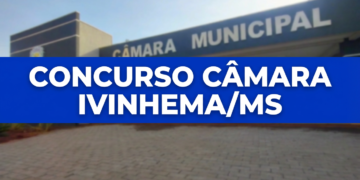 Fachada da Câmara Municipal de Ivinhema com texto "Concurso Câmara Ivinhema/MS" sobre faixa azul