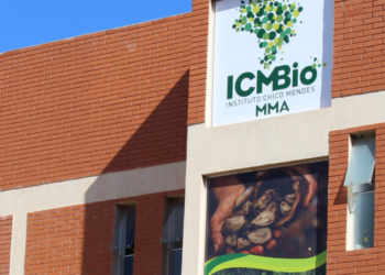 Prédio de tijolos do ICMBio com logotipo verde em forma de mapa do Brasil e painel exibindo mãos com castanhas