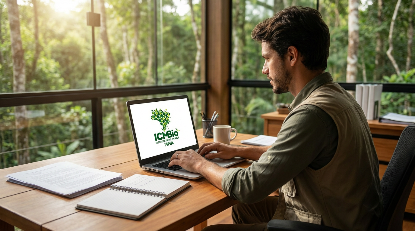 Concurso ICMBio: ministro anuncia previsão de 350 novas convocações 2 Homem de camisa verde-oliva digita em notebook com logo do ICMBio diante de janelas com vista para floresta tropical