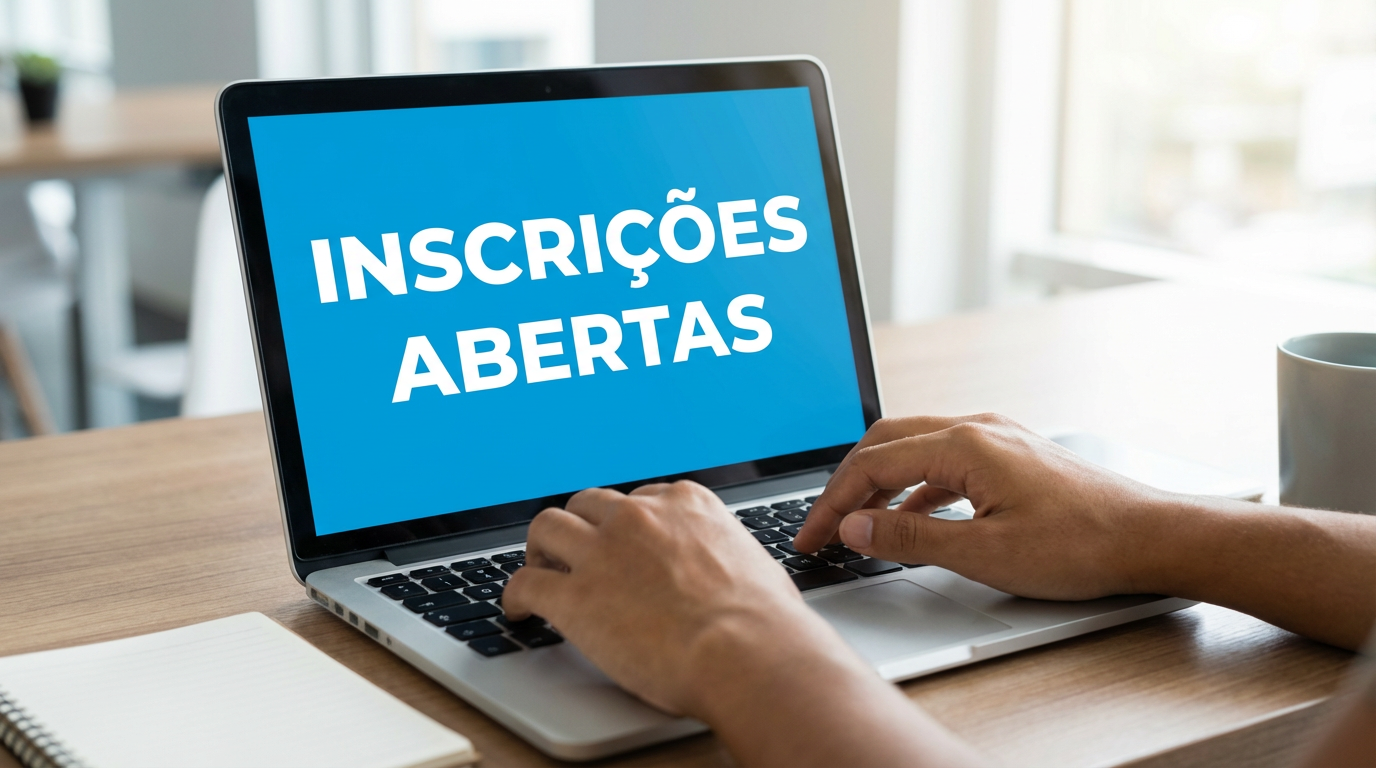 Novo processo seletivo em Maceió abre 5.721 vagas; veja como se inscrever até 17 de abril 2 Mãos digitando em notebook prateado com tela azul exibindo "Inscrições Abertas" sobre mesa de madeira