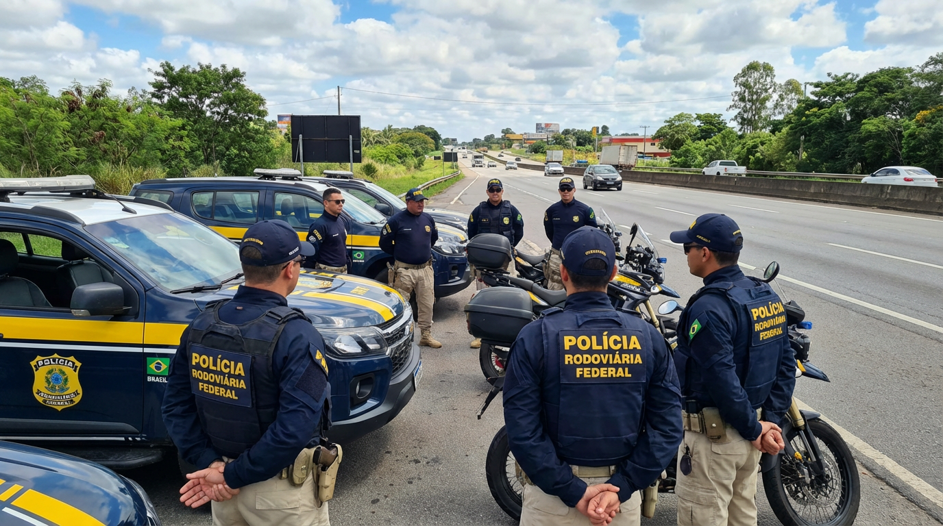 Concurso PRF: confira o que foi cobrado na última prova e prepare-se para o próximo edital 2 Sete agentes da PRF uniformizados reunidos com viaturas e motos em acostamento de rodovia federal sob céu nublado