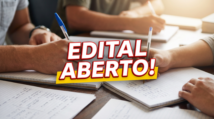 Estudantes escrevem em cadernos sobre mesa de madeira com destaque para letreiro "Edital Aberto!" em vermelho e amarelo.
